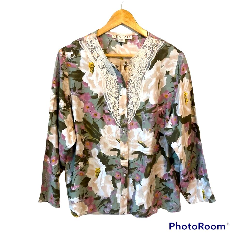 Vintage Venezia Top Womens L Floral Crochet Lace Shirt Pearl Coquette Romantic